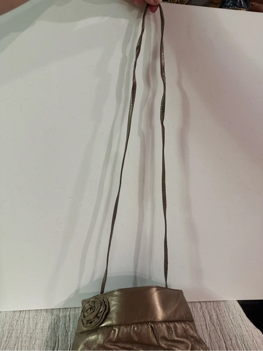 VTG Stuart Weitzman Metallic Bronze Hinge Open Clutch with Zipper Rosette